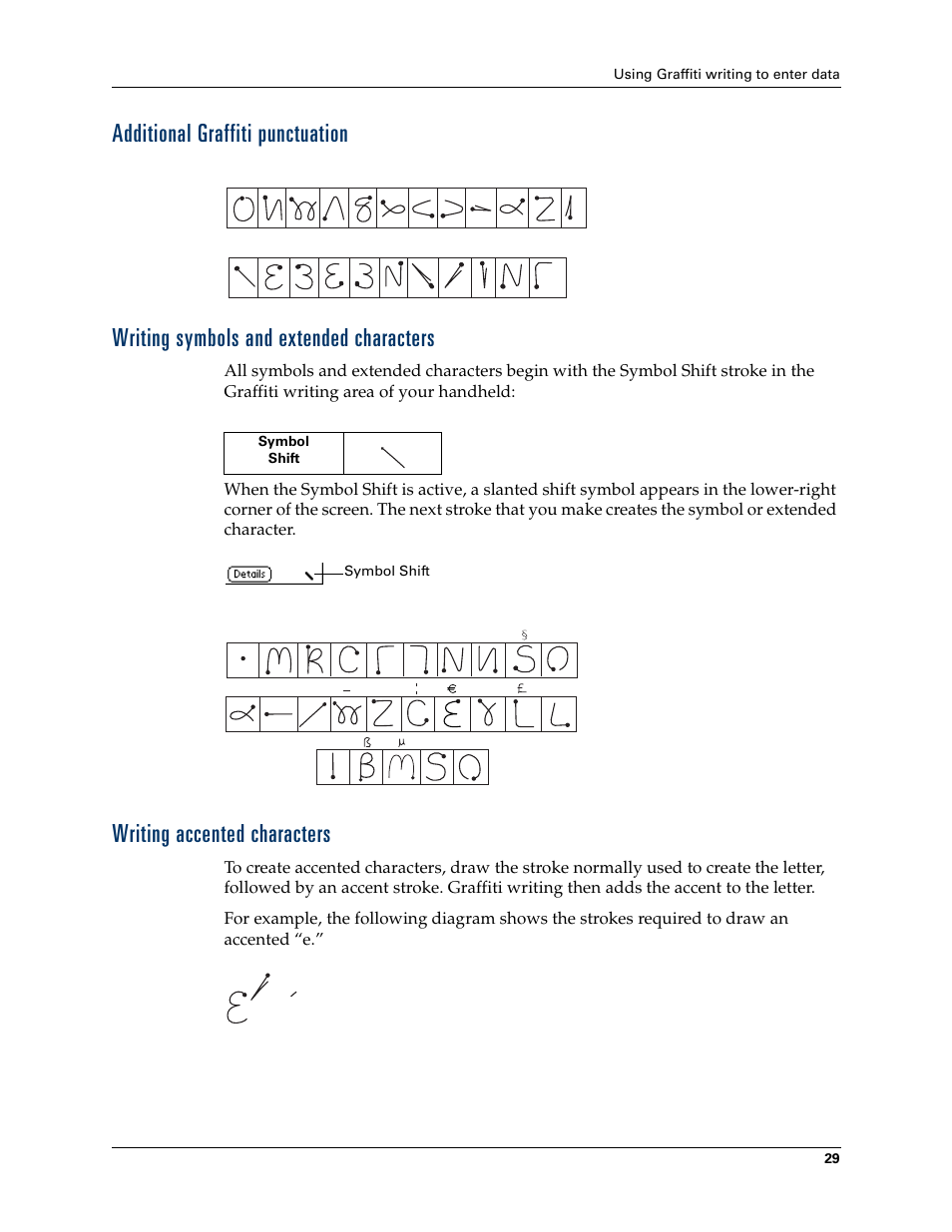 Additional graffiti punctuation, Writing symbols and extended characters, Writing accented characters | Palm TM ZIRETM HANDHELD User Manual | Page 39 / 208
