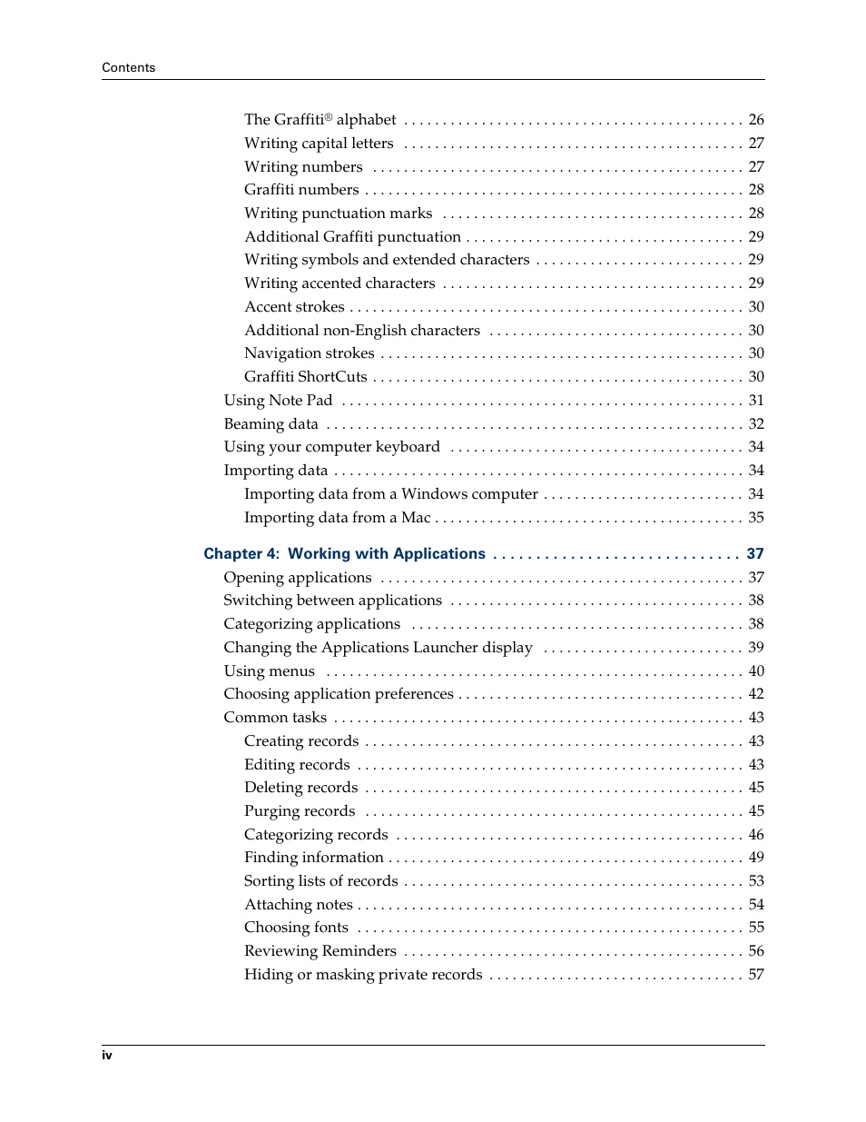 Palm TM ZIRETM HANDHELD User Manual | Page 4 / 208