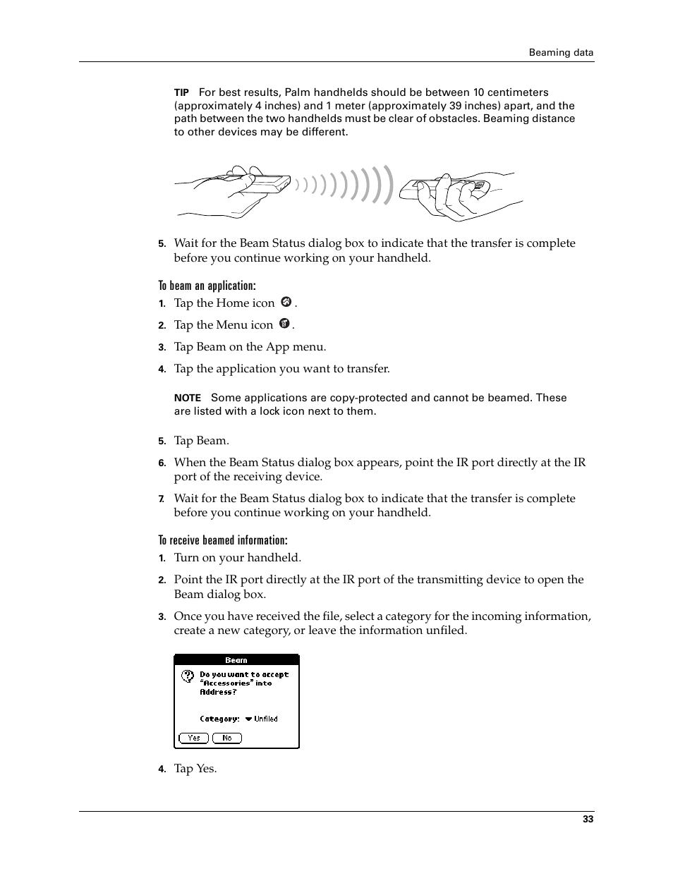 To beam an application, To receive beamed information | Palm TM ZIRETM HANDHELD User Manual | Page 43 / 208
