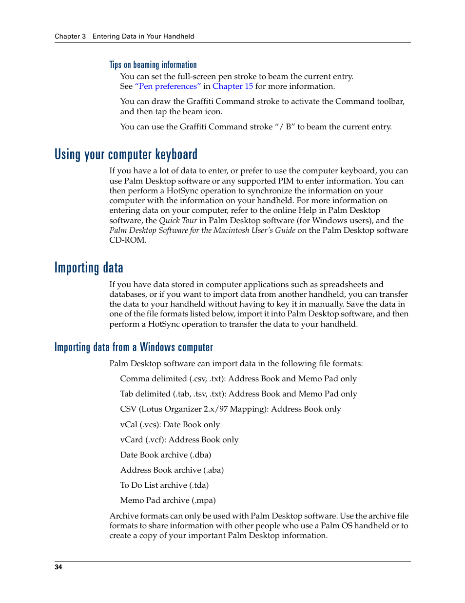 Tips on beaming information, Using your computer keyboard, Importing data | Importing data from a windows computer, Using your computer keyboard importing data, Chapter 3 | Palm TM ZIRETM HANDHELD User Manual | Page 44 / 208