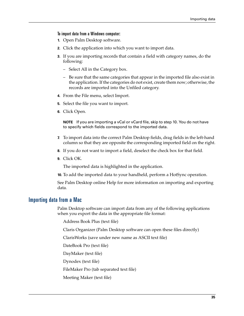 To import data from a windows computer, Importing data from a mac | Palm TM ZIRETM HANDHELD User Manual | Page 45 / 208