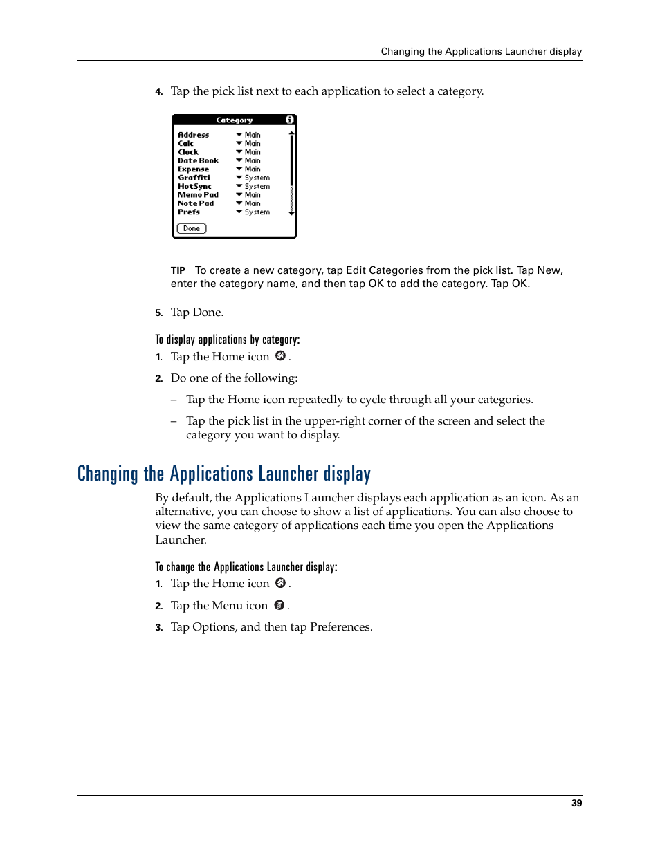 To display applications by category, Changing the applications launcher display, To change the applications launcher display | Palm TM ZIRETM HANDHELD User Manual | Page 49 / 208