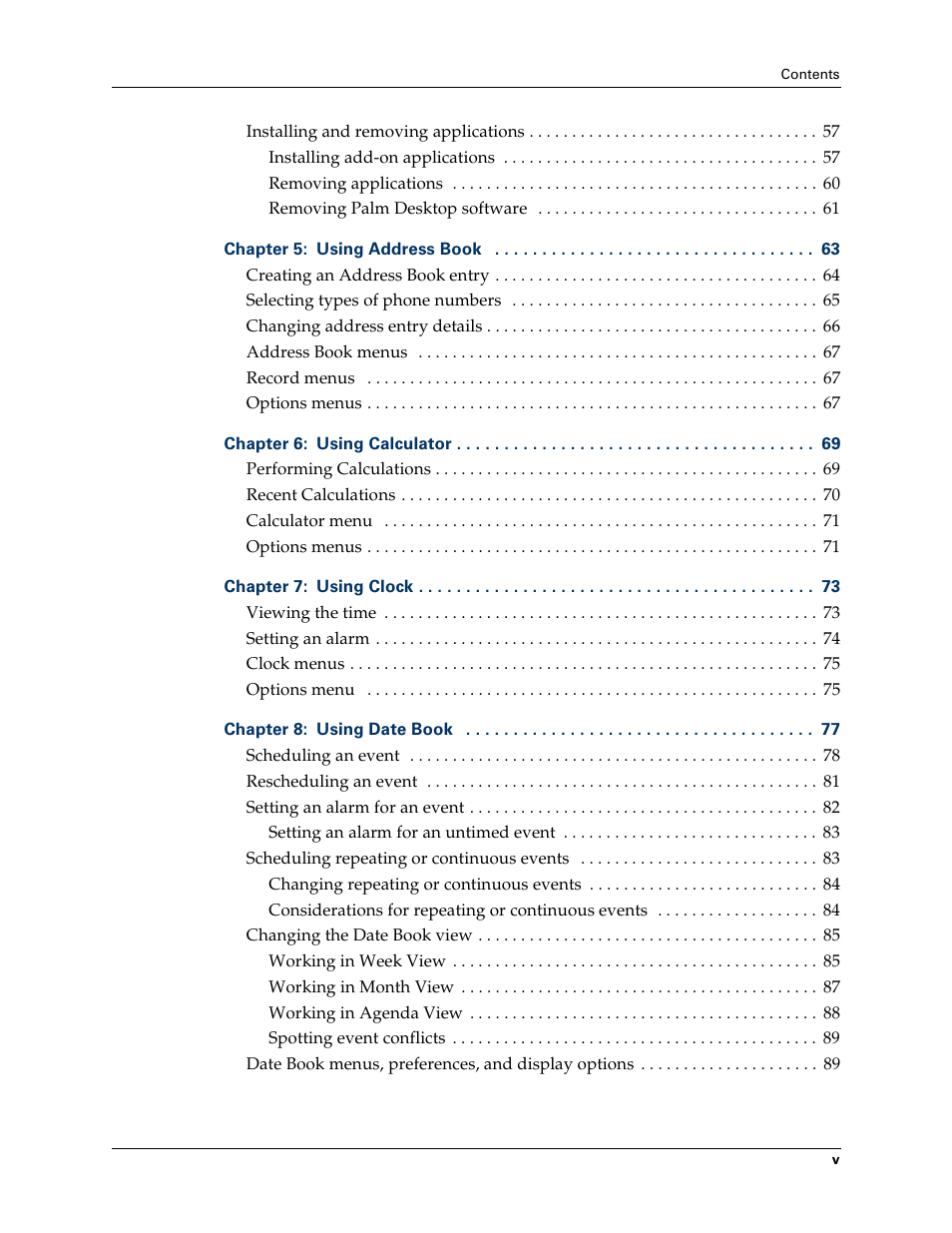 Palm TM ZIRETM HANDHELD User Manual | Page 5 / 208