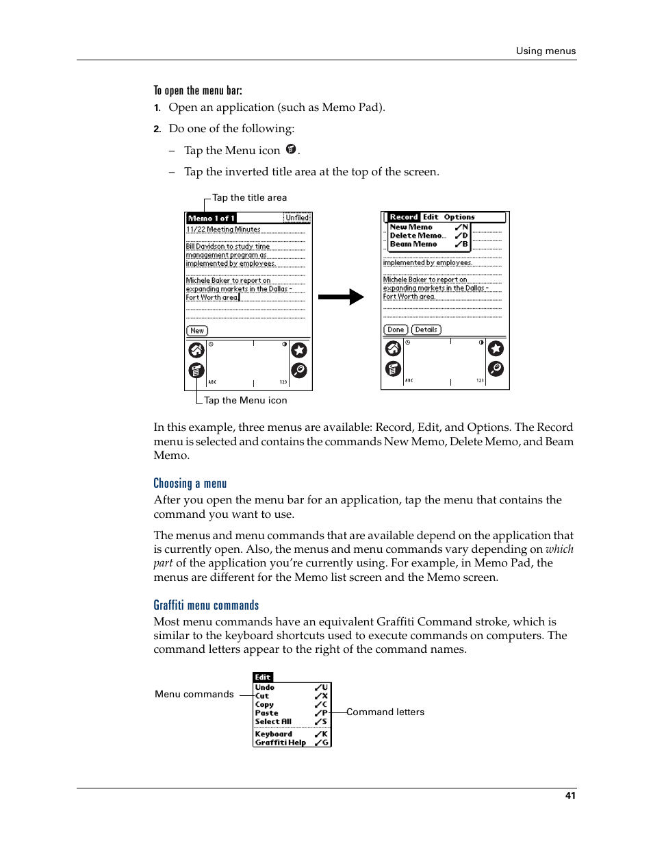 To open the menu bar, Choosing a menu, Graffiti menu commands | Palm TM ZIRETM HANDHELD User Manual | Page 51 / 208