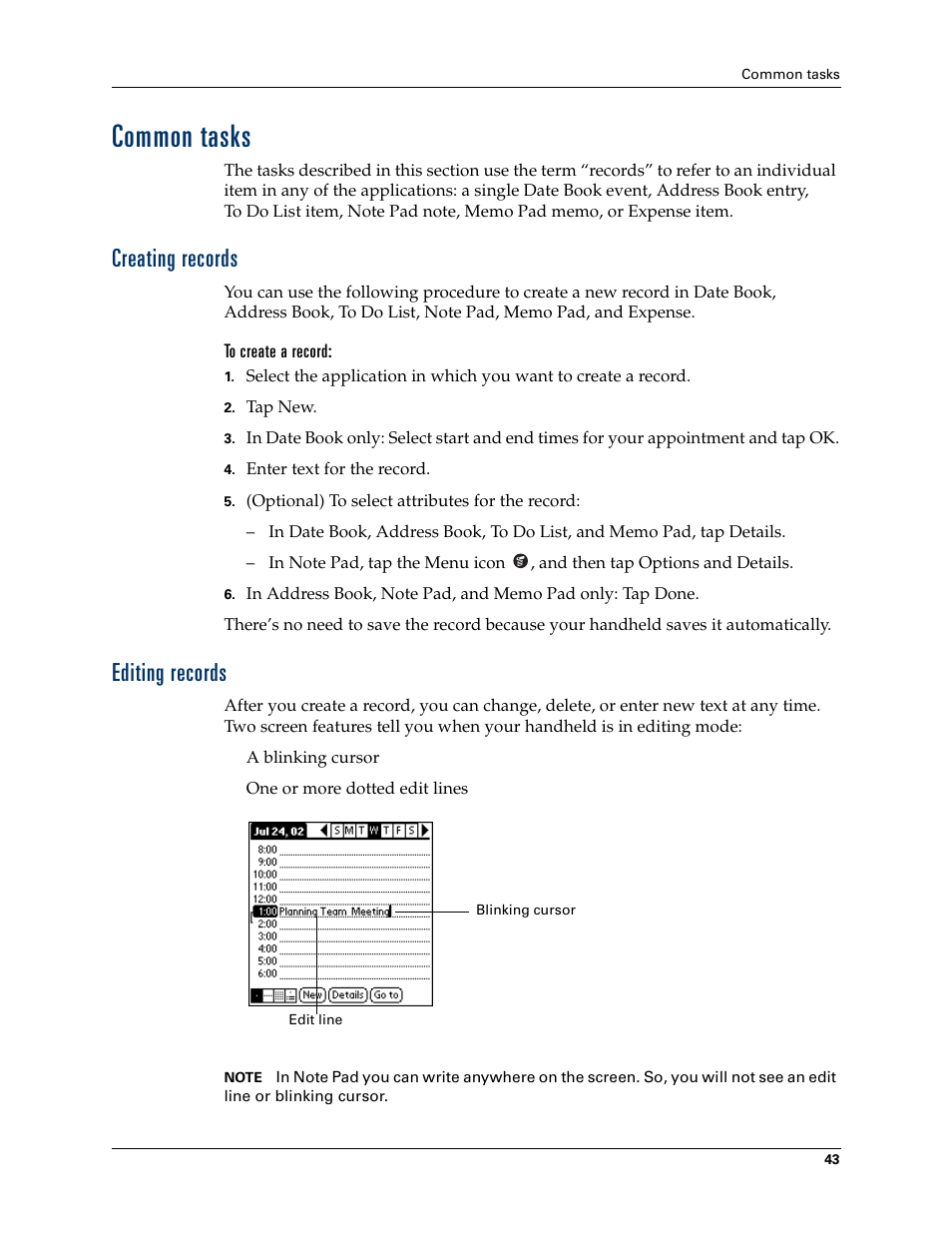 Common tasks, Creating records, To create a record | Editing records, Creating records editing records | Palm TM ZIRETM HANDHELD User Manual | Page 53 / 208