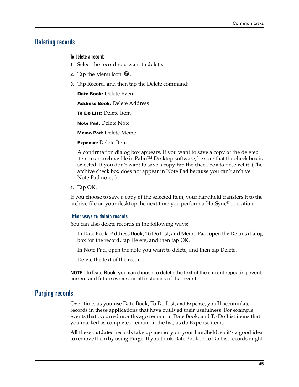 Deleting records, To delete a record, Other ways to delete records | Purging records, Deleting records purging records | Palm TM ZIRETM HANDHELD User Manual | Page 55 / 208