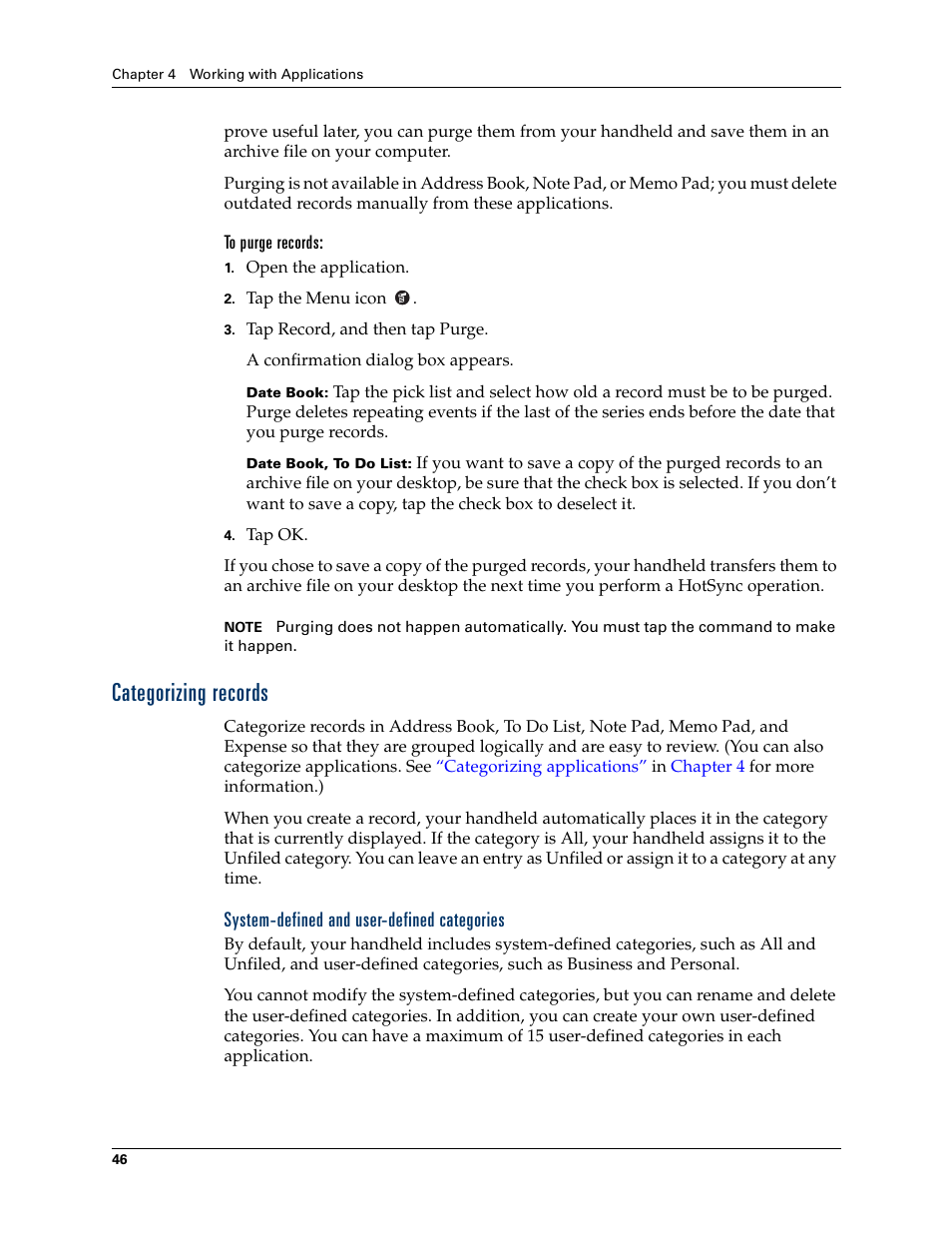 To purge records, Categorizing records, System-defined and user-defined categories | Palm TM ZIRETM HANDHELD User Manual | Page 56 / 208