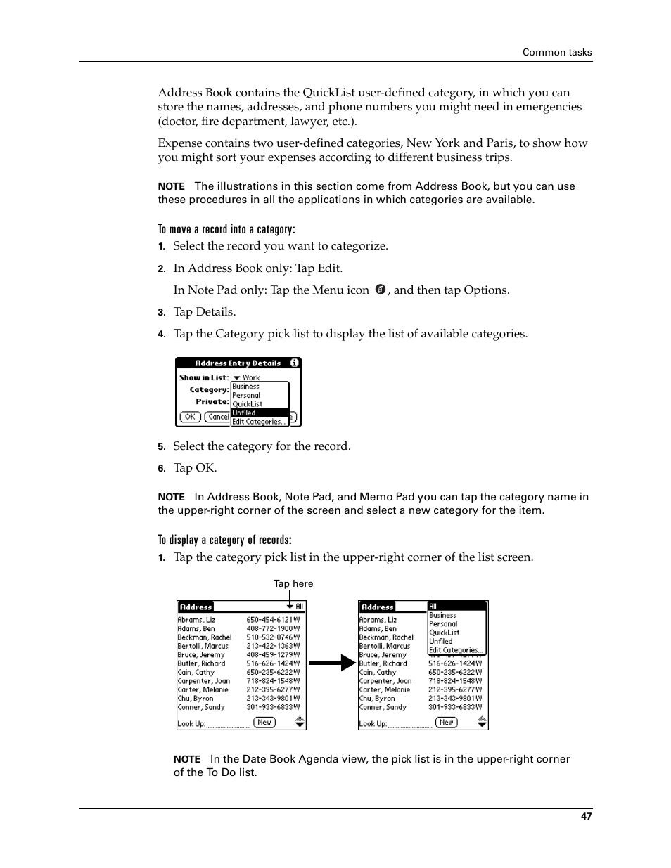 To move a record into a category, To display a category of records | Palm TM ZIRETM HANDHELD User Manual | Page 57 / 208