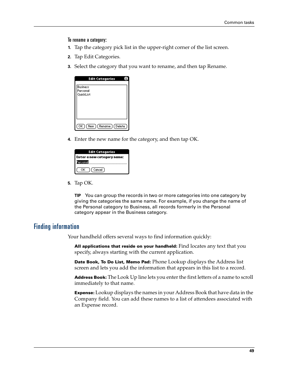 To rename a category, Finding information | Palm TM ZIRETM HANDHELD User Manual | Page 59 / 208