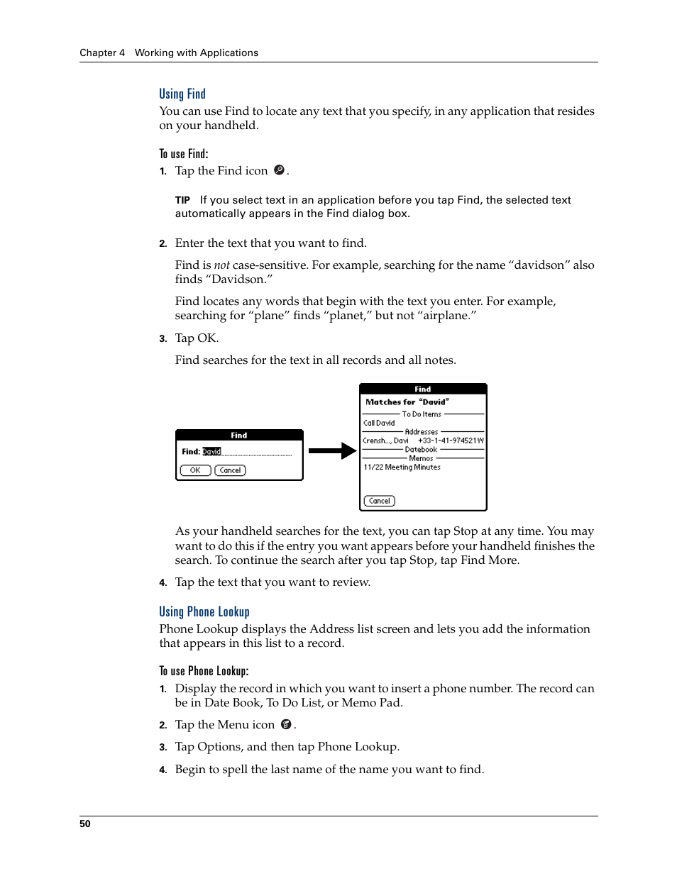 Using find, To use find, Using phone lookup | To use phone lookup | Palm TM ZIRETM HANDHELD User Manual | Page 60 / 208