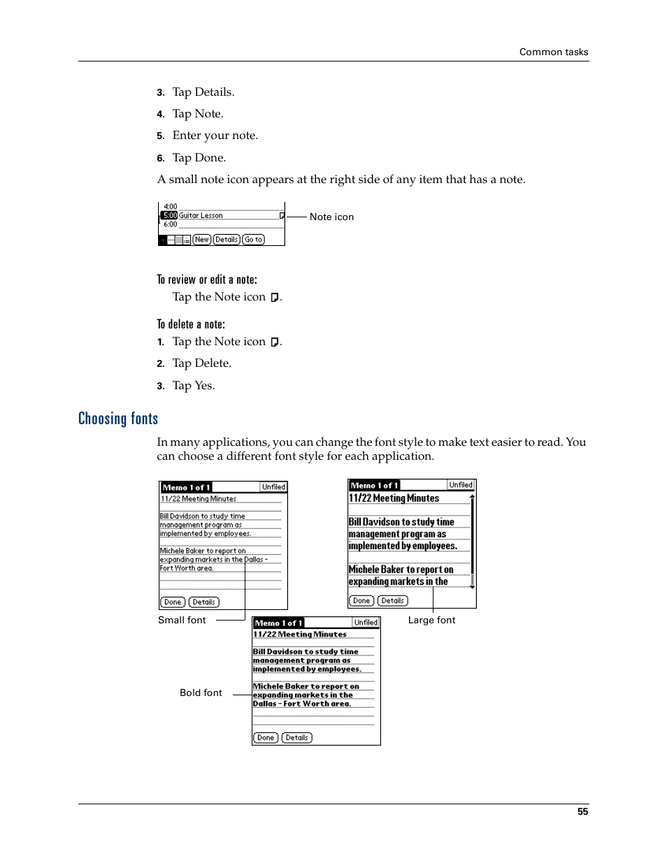 To review or edit a note, To delete a note, Choosing fonts | Palm TM ZIRETM HANDHELD User Manual | Page 65 / 208