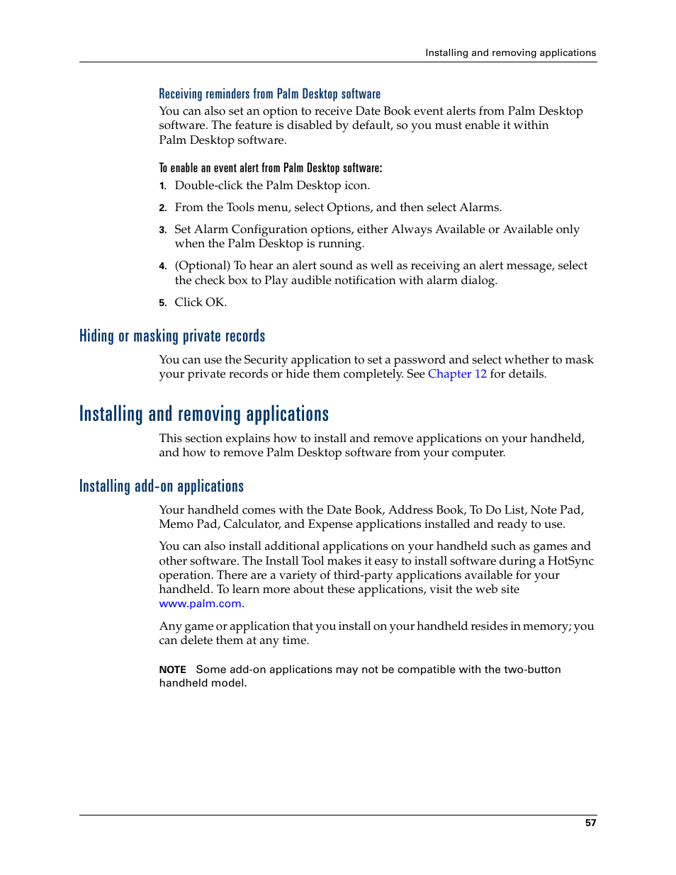Receiving reminders from palmdesktop software, Hiding or masking private records, Installing and removing applications | Installing add-on applications, Date book menus, preferences, and display options, Ing. see, Chapter 4 | Palm TM ZIRETM HANDHELD User Manual | Page 67 / 208