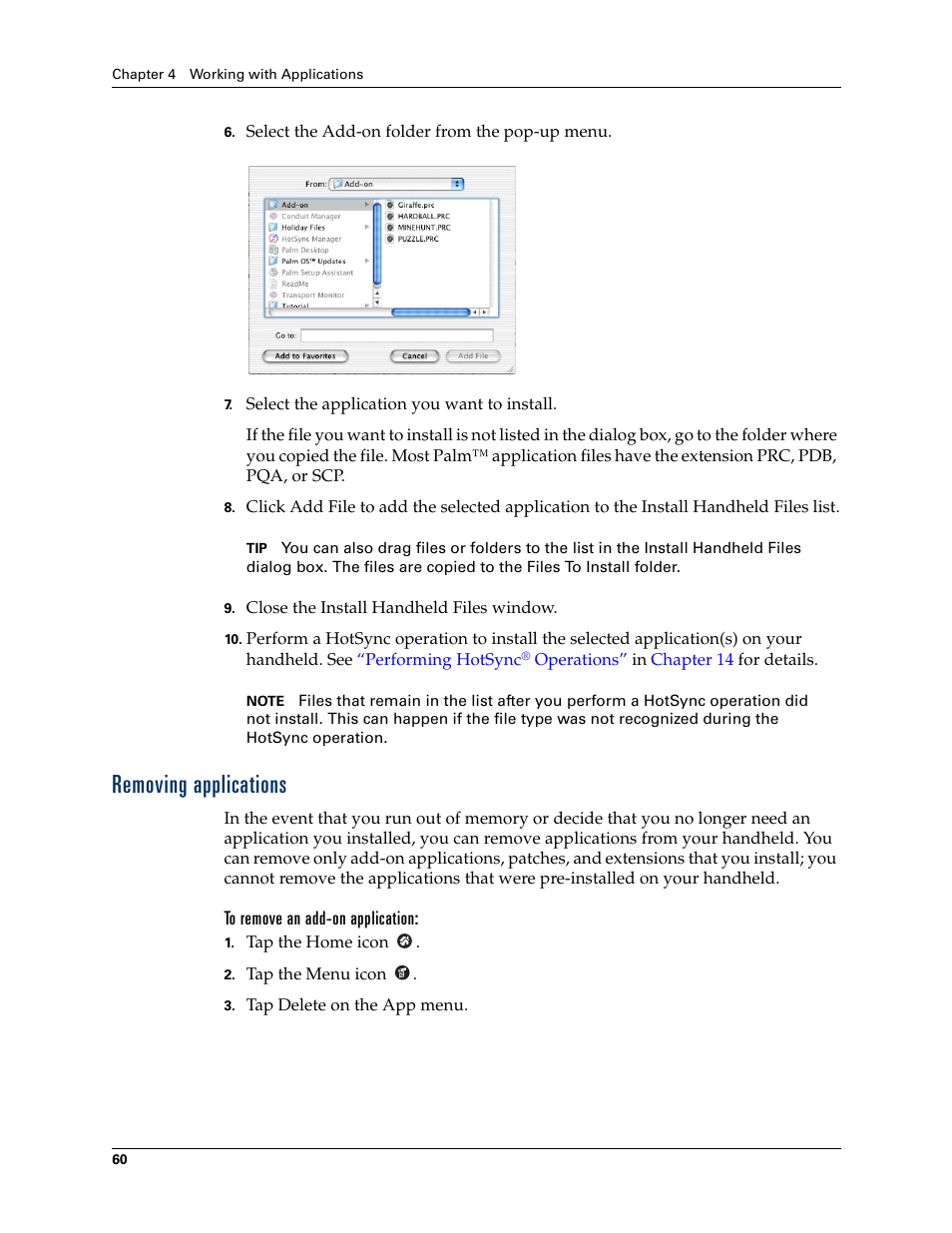 Removing applications, To remove an add-on application | Palm TM ZIRETM HANDHELD User Manual | Page 70 / 208