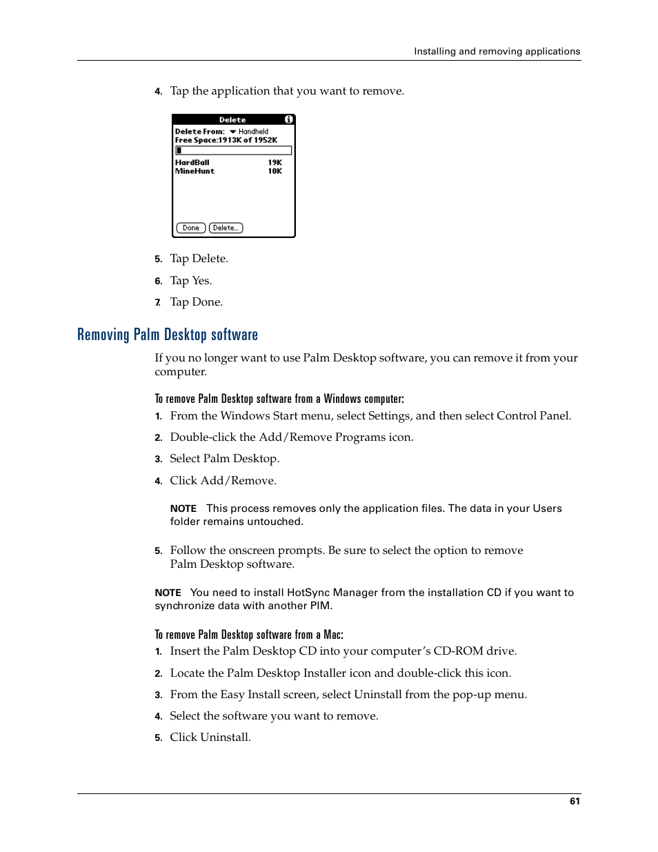 Removing palmdesktop software, To remove palmdesktop software from a mac, Removing palm desktop software | Palm TM ZIRETM HANDHELD User Manual | Page 71 / 208