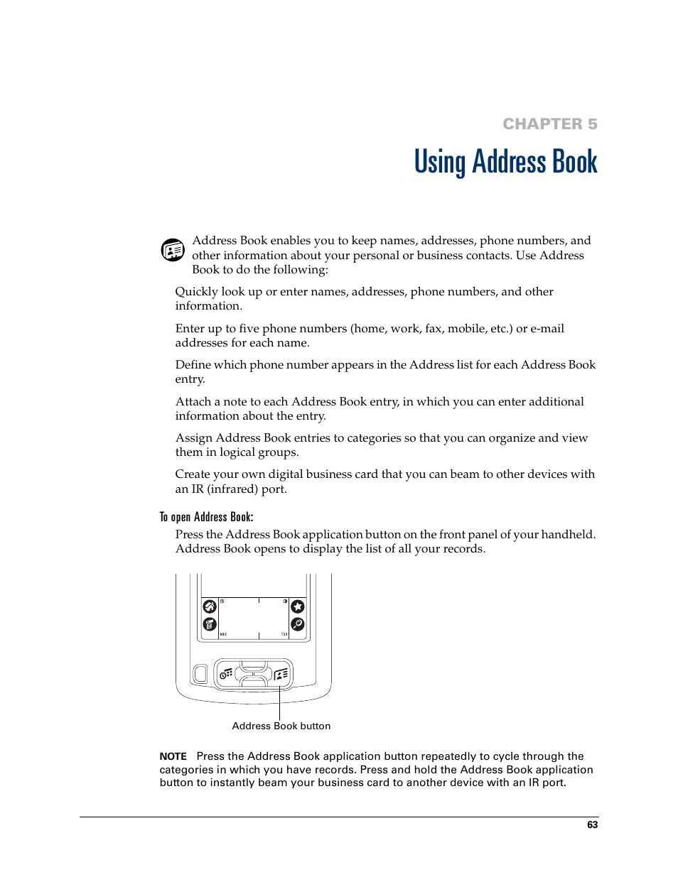 Using address book, To open address book, Chapter 5: using address book | Chapter 5 | Palm TM ZIRETM HANDHELD User Manual | Page 73 / 208
