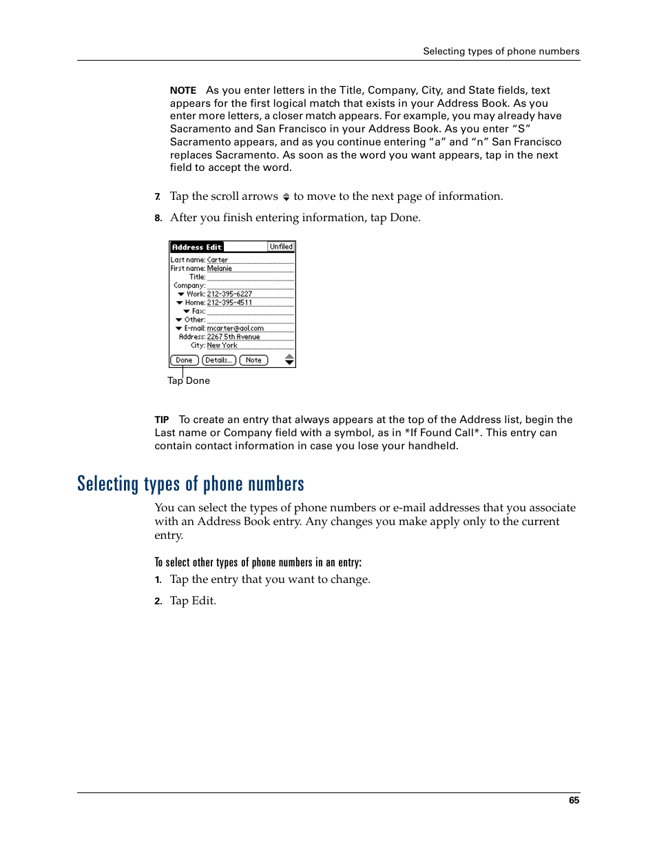 Selecting types of phone numbers, To select other types of phone numbers in an entry | Palm TM ZIRETM HANDHELD User Manual | Page 75 / 208
