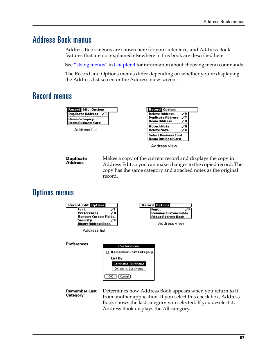 Address book menus, Record menus, Options menus | Address book menus record menus options menus, Record menus options menus | Palm TM ZIRETM HANDHELD User Manual | Page 77 / 208