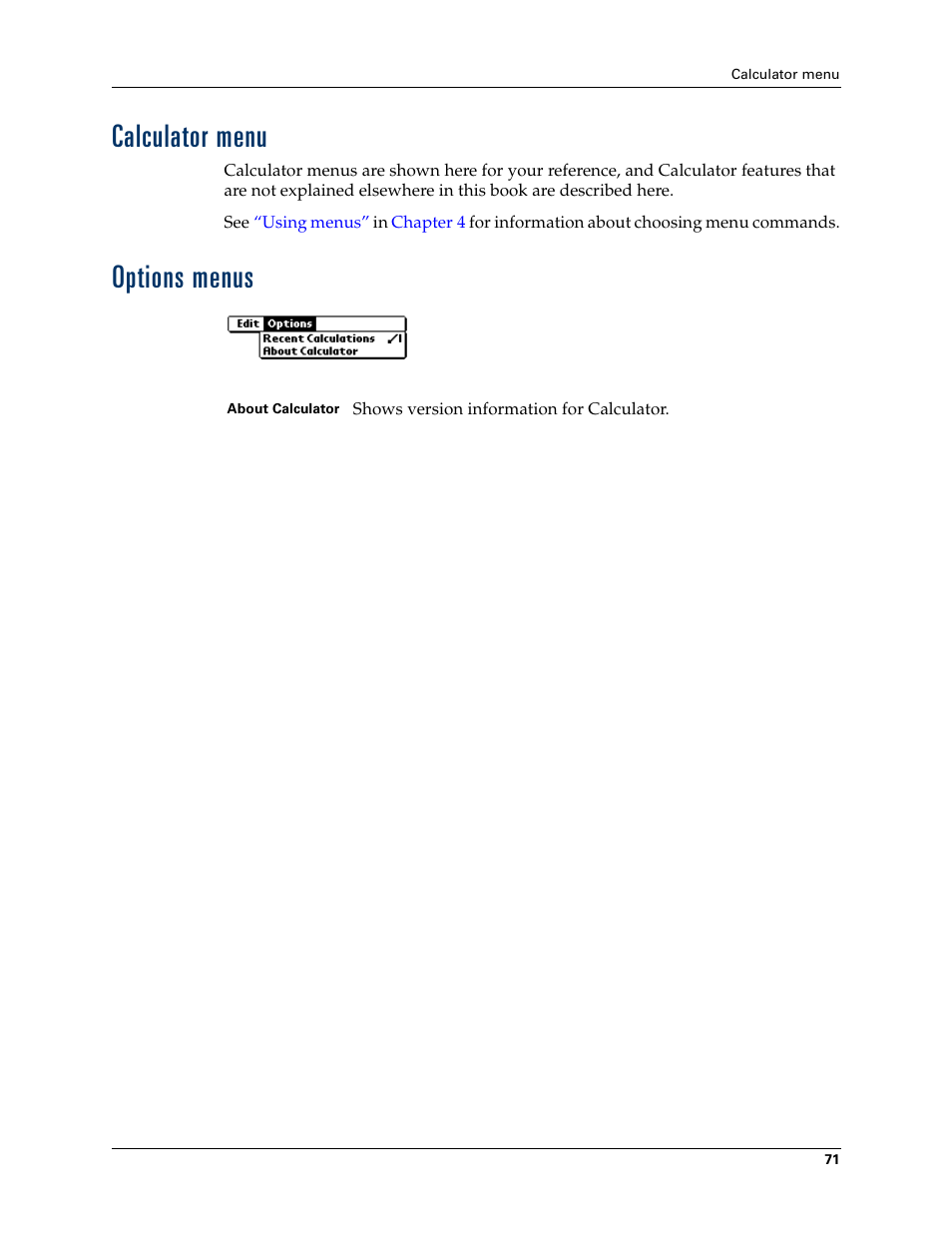 Calculator menu, Options menus, Calculator menu options menus | Palm TM ZIRETM HANDHELD User Manual | Page 81 / 208