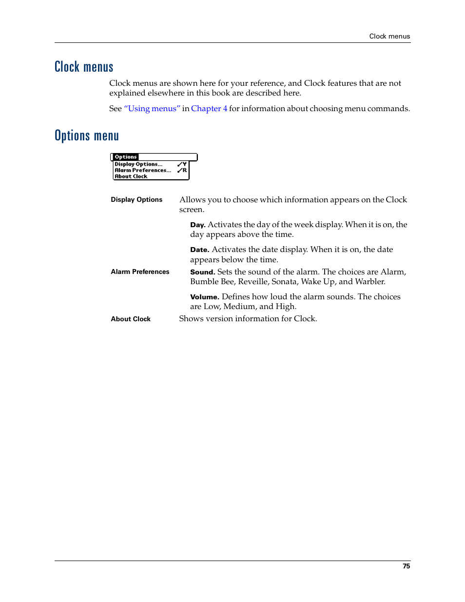 Clock menus, Options menu, Clock menus options menu | Palm TM ZIRETM HANDHELD User Manual | Page 85 / 208