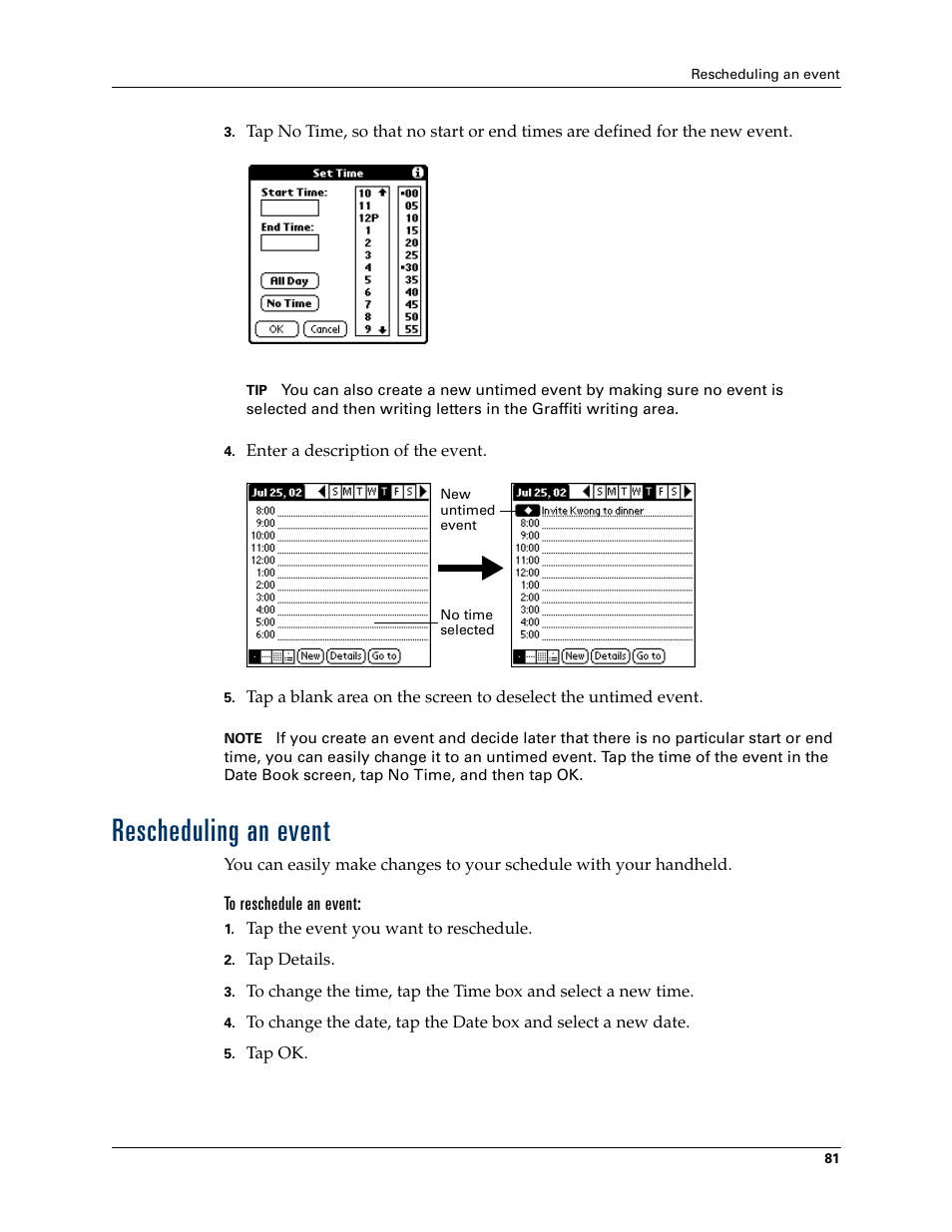 Rescheduling an event, To reschedule an event | Palm TM ZIRETM HANDHELD User Manual | Page 91 / 208