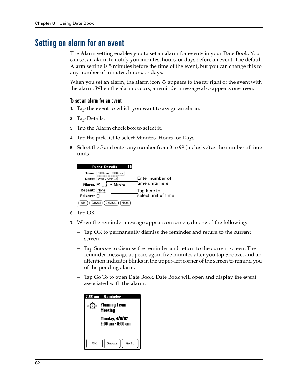 Setting an alarm for an event, To set an alarm for an event | Palm TM ZIRETM HANDHELD User Manual | Page 92 / 208