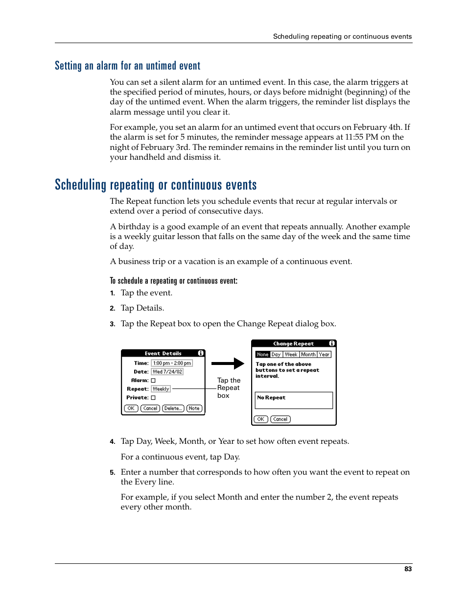 Setting an alarm for an untimed event, Scheduling repeating or continuous events, To schedule a repeating or continuous event | Palm TM ZIRETM HANDHELD User Manual | Page 93 / 208