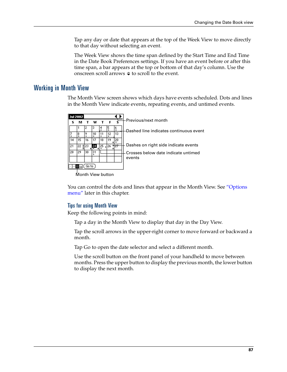 Working in month view, Tips for using month view | Palm TM ZIRETM HANDHELD User Manual | Page 97 / 208