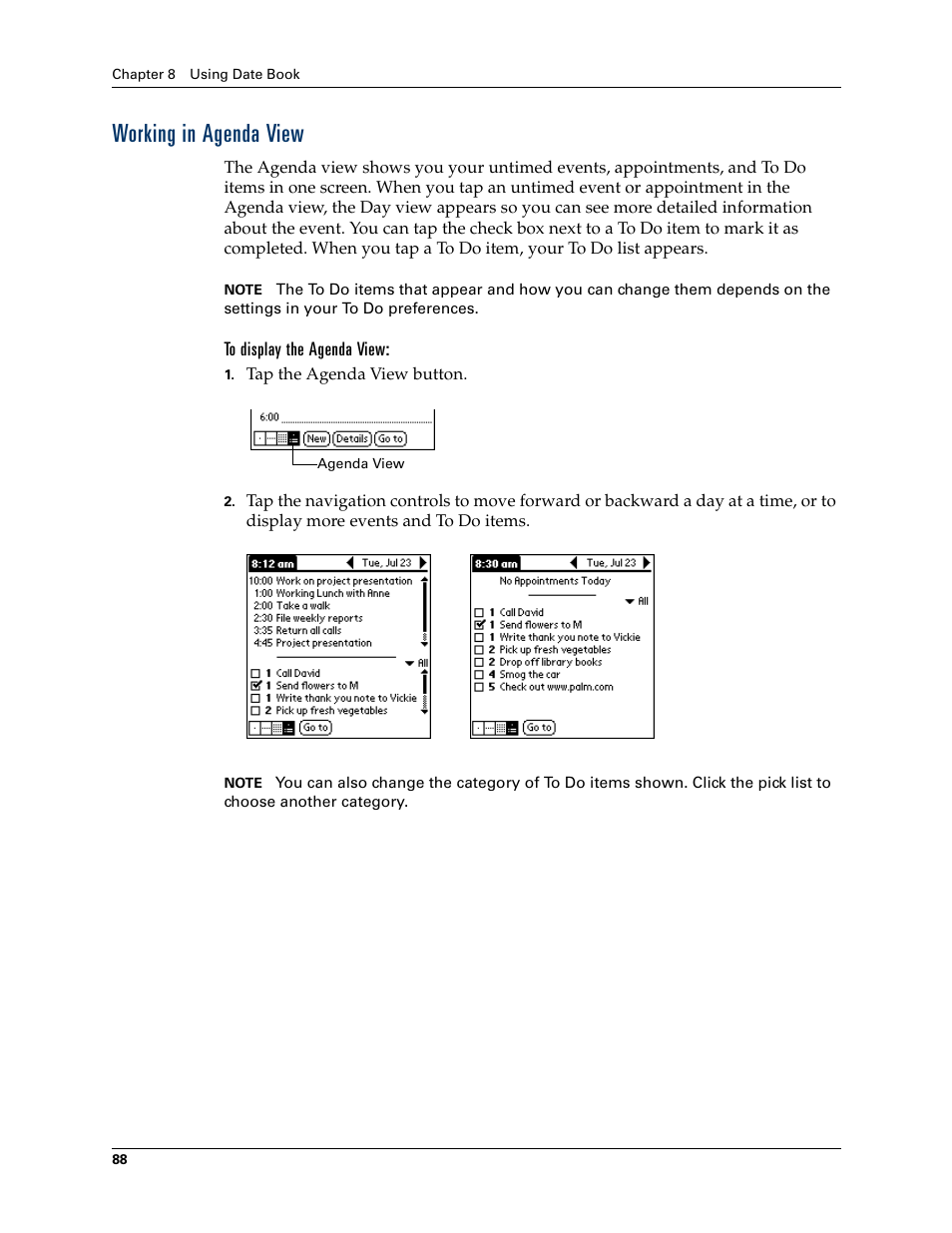 Working in agenda view, To display the agenda view | Palm TM ZIRETM HANDHELD User Manual | Page 98 / 208