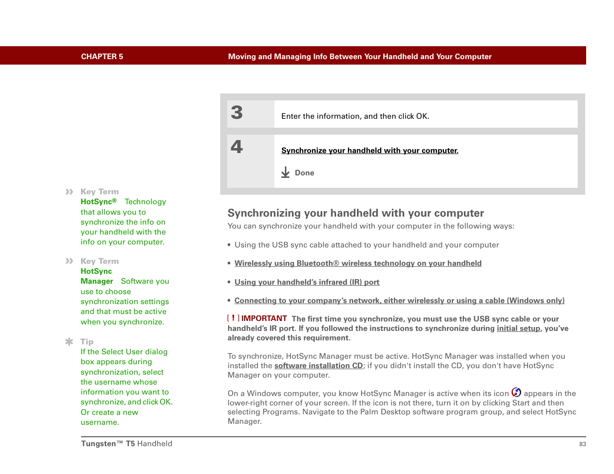 Synchronizing your handheld with your computer | Palm T5 User Manual | Page 105 / 675