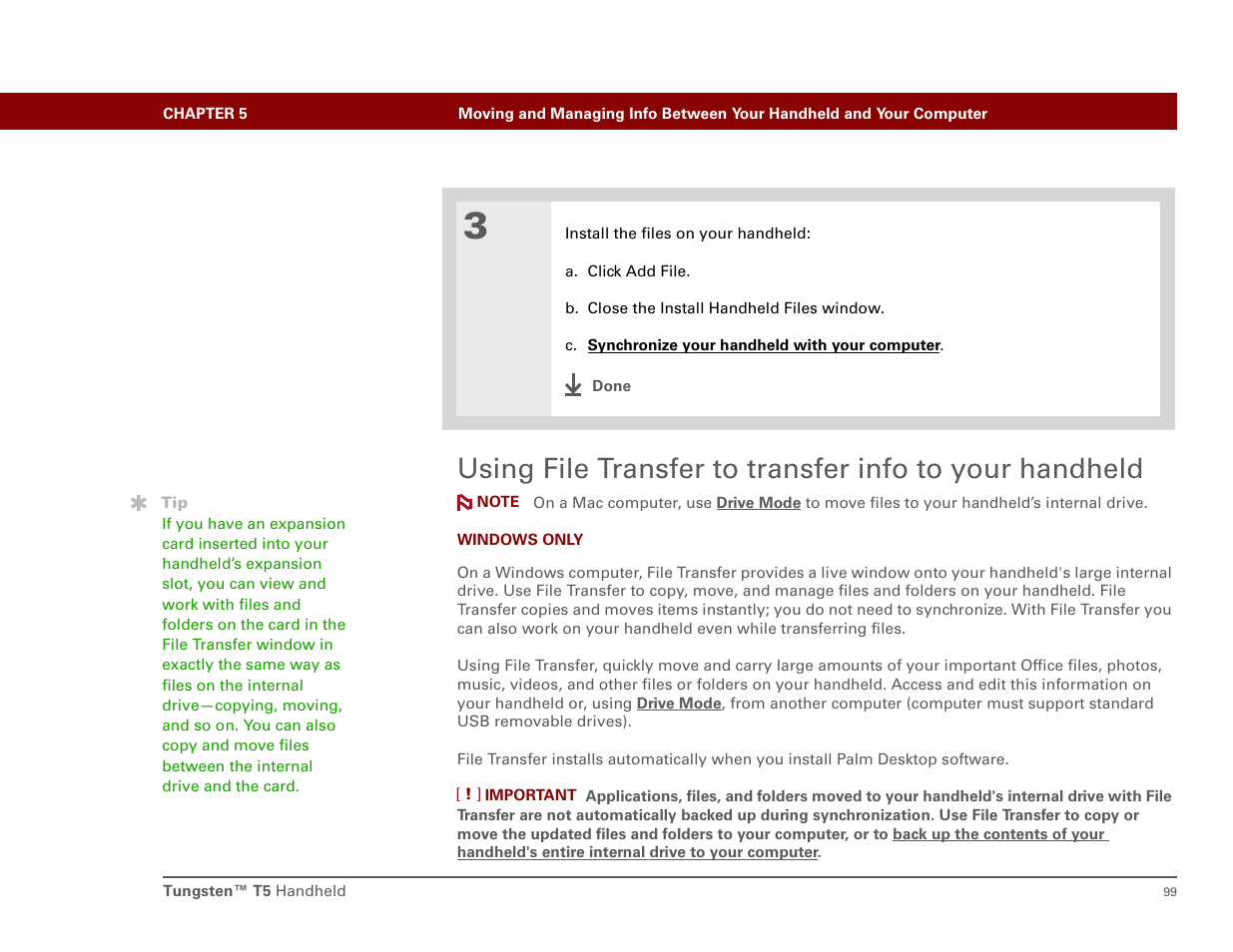 Palmone™ file transfer | Palm T5 User Manual | Page 121 / 675