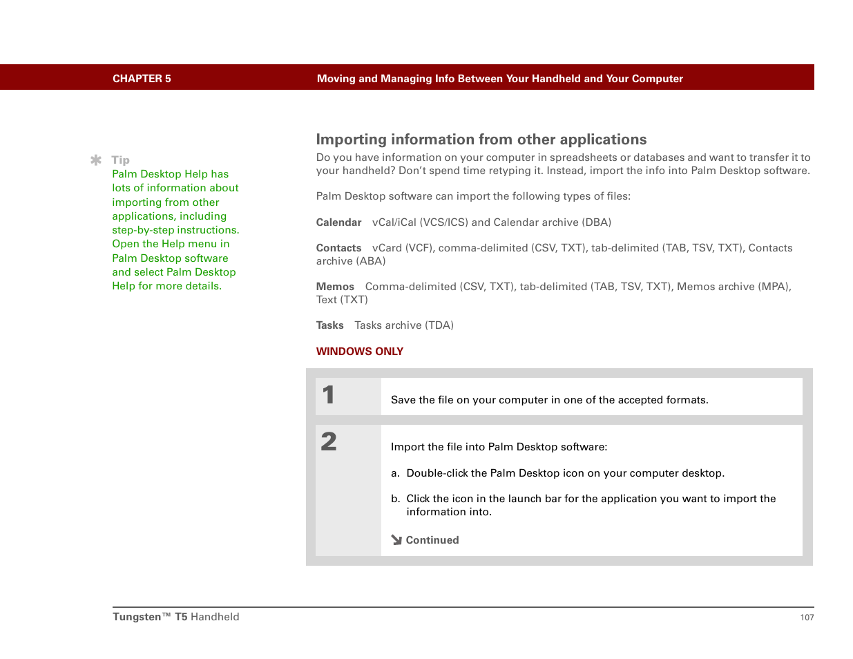 Importing information from other applications | Palm T5 User Manual | Page 129 / 675