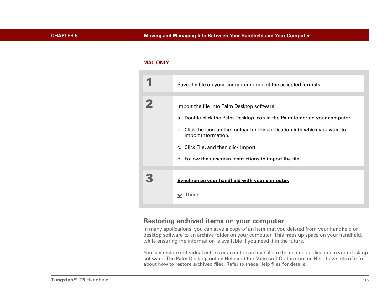 Restoring archived items on your computer | Palm T5 User Manual | Page 131 / 675