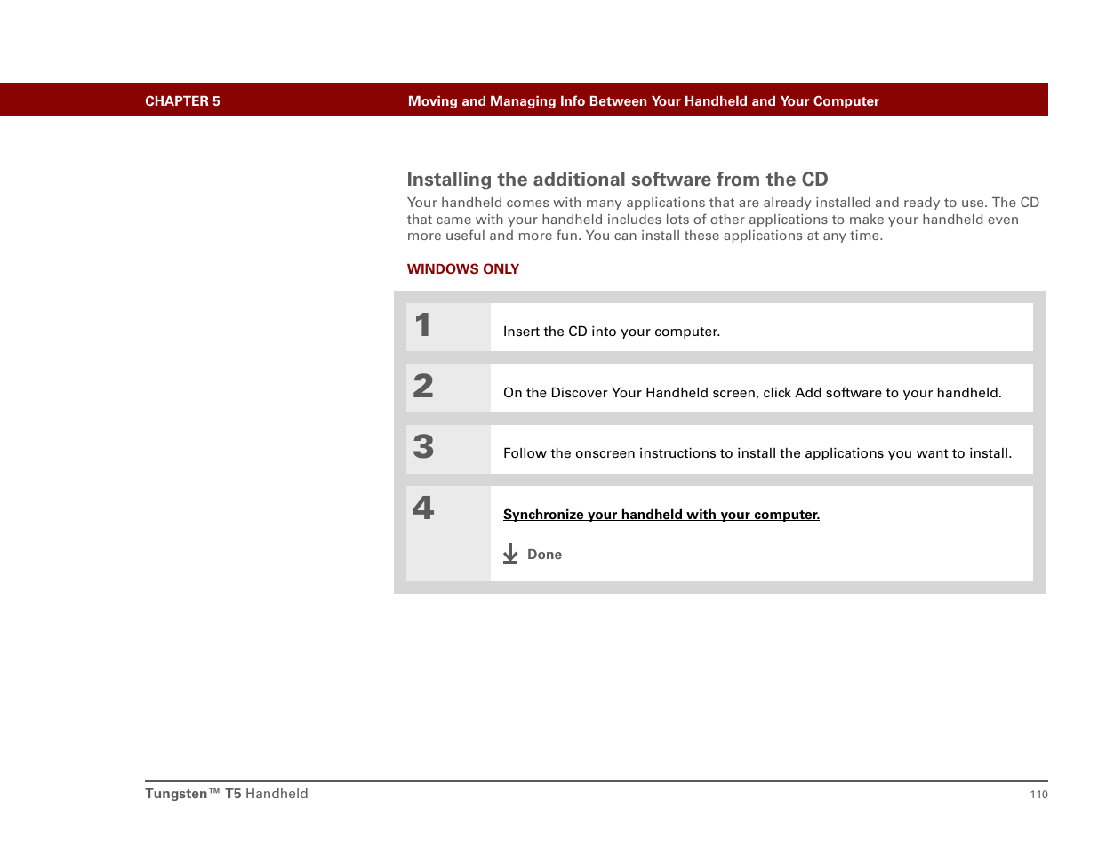 Installing the additional software from the cd | Palm T5 User Manual | Page 132 / 675