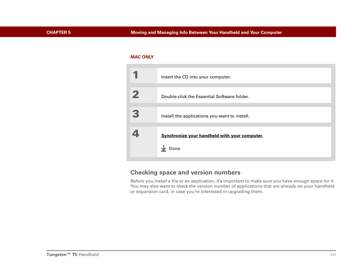Checking space and version numbers | Palm T5 User Manual | Page 133 / 675