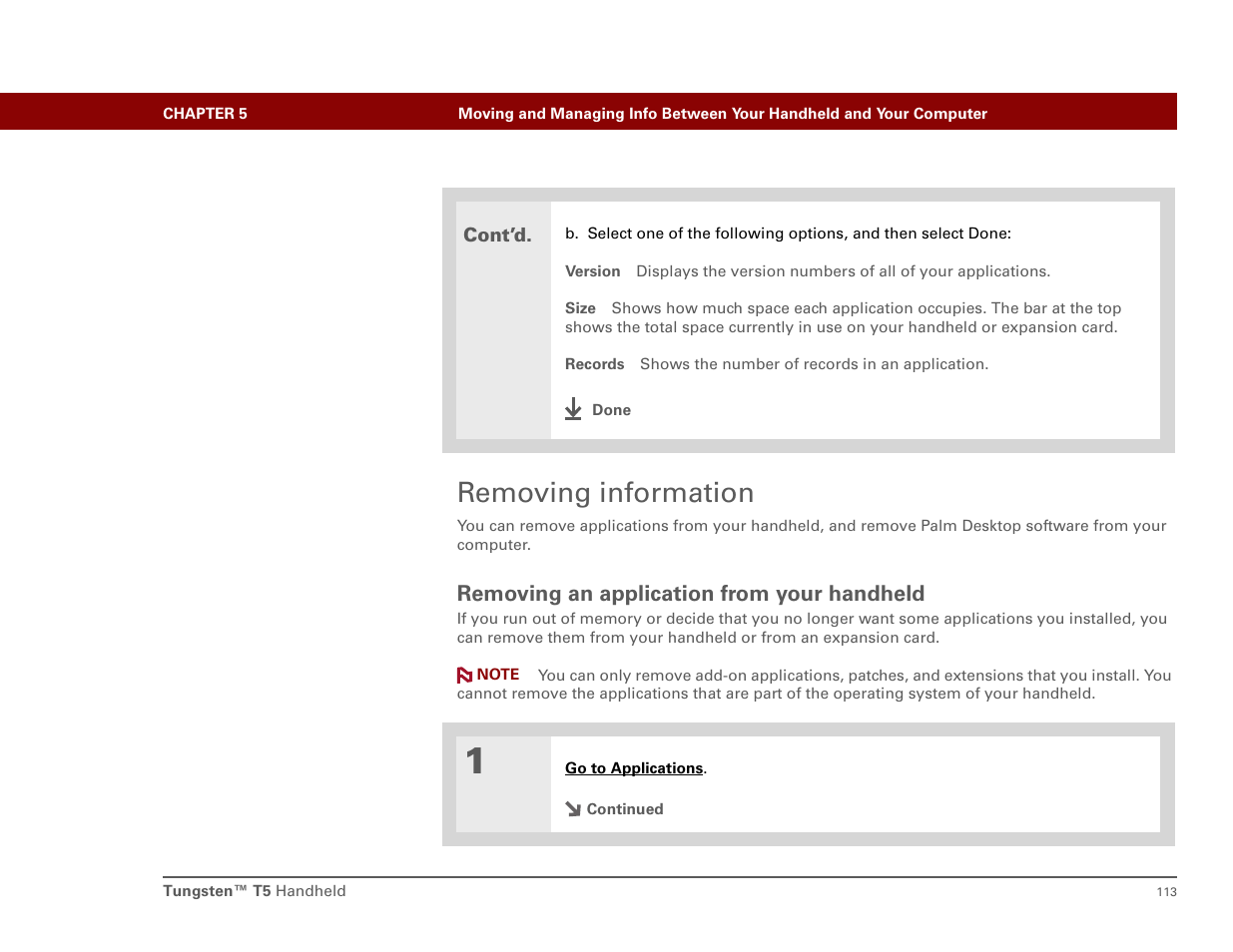 Removing information, Removing an application from your handheld | Palm T5 User Manual | Page 135 / 675