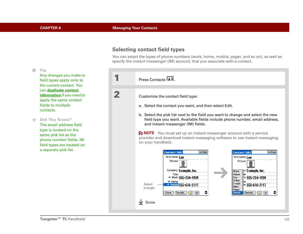 Selecting contact field types | Palm T5 User Manual | Page 144 / 675