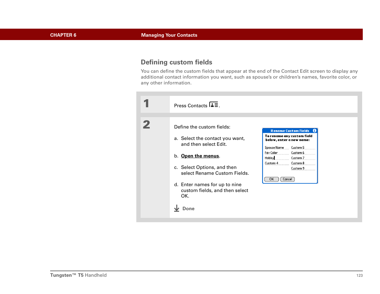 Defining custom fields | Palm T5 User Manual | Page 145 / 675