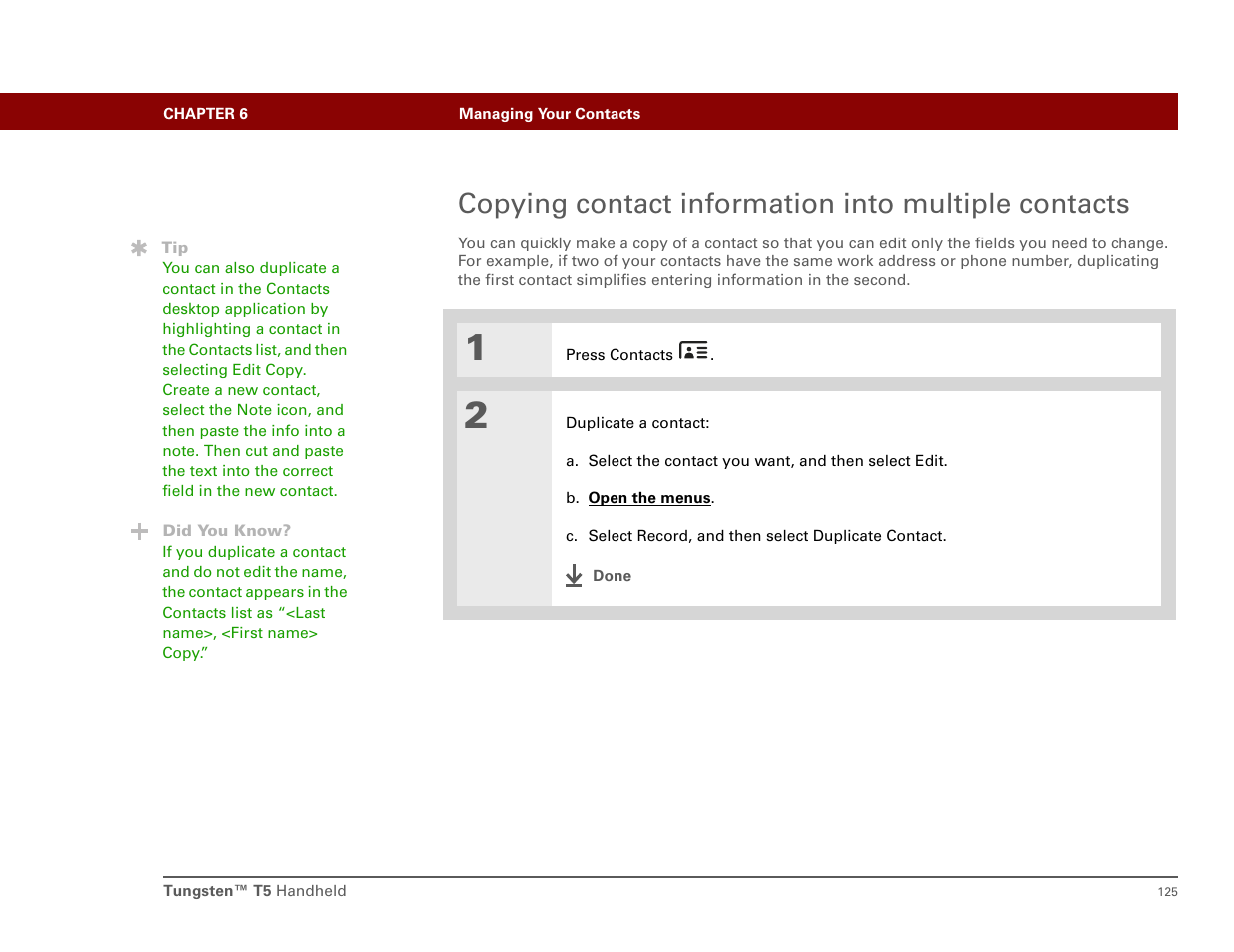 Copying contact information into multiple contacts | Palm T5 User Manual | Page 147 / 675