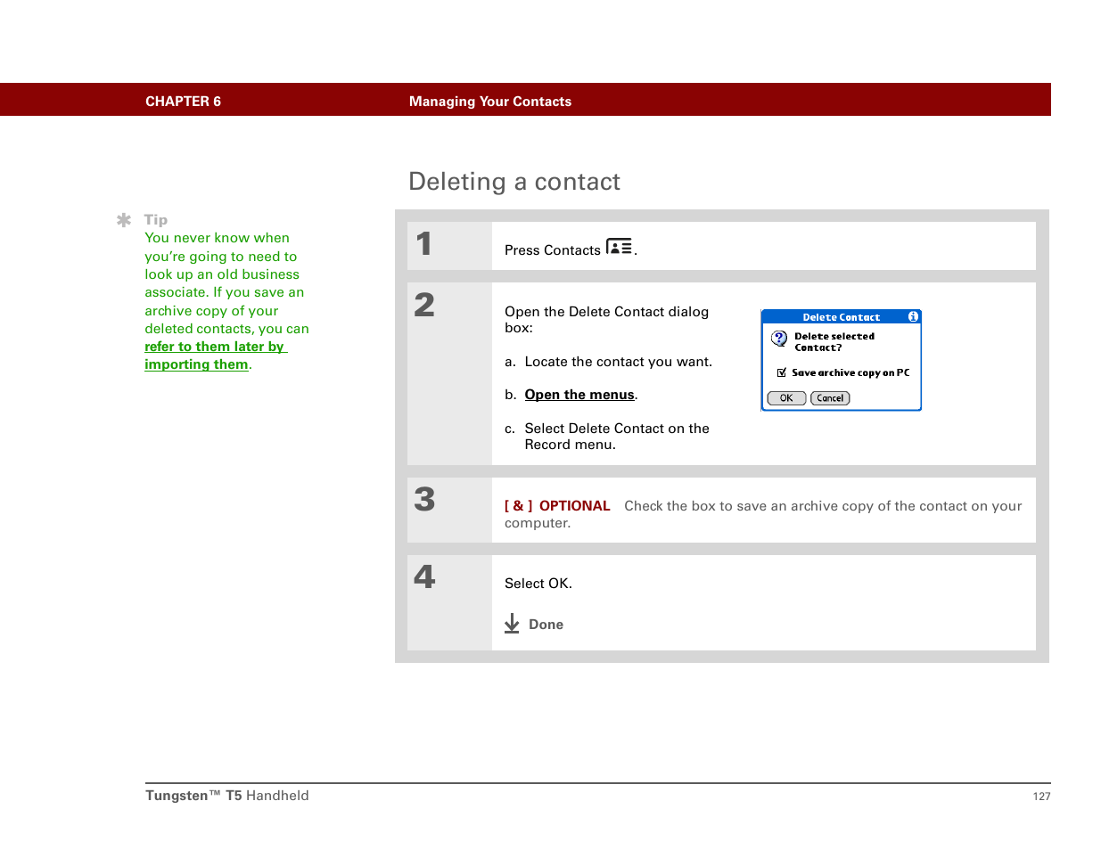 Deleting a contact | Palm T5 User Manual | Page 149 / 675