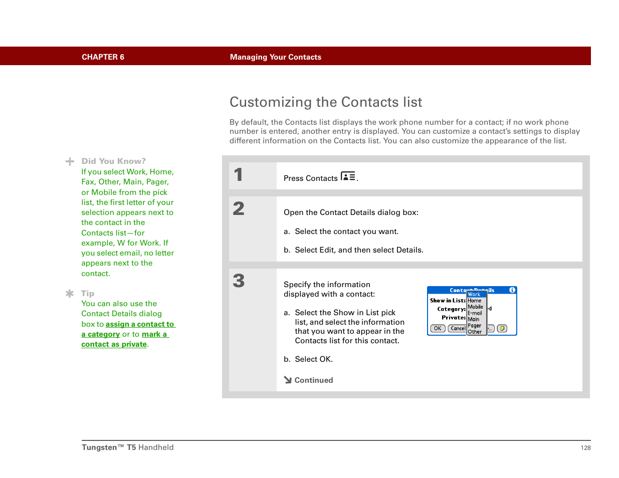 Customizing the contacts list | Palm T5 User Manual | Page 150 / 675