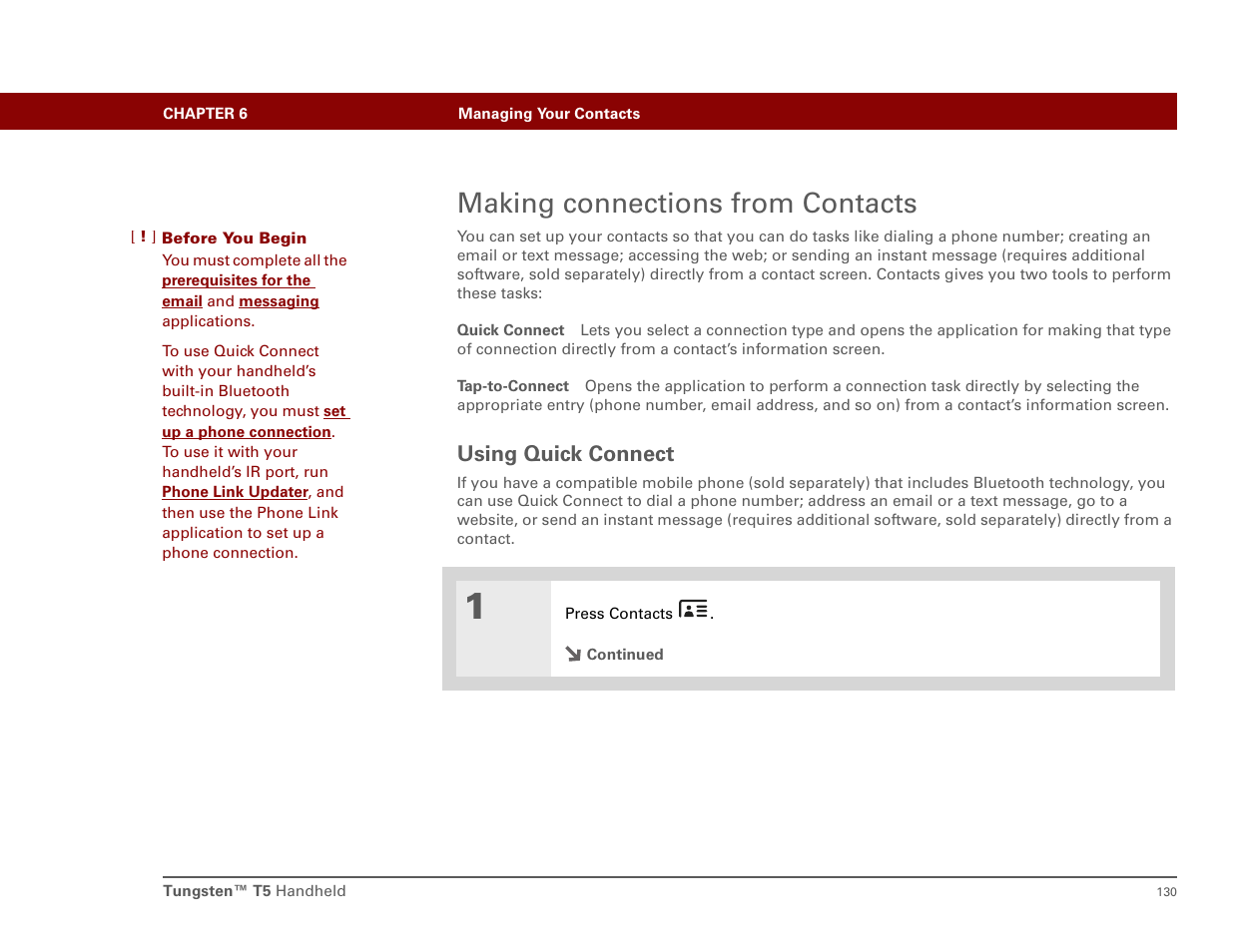Making connections from contacts, Using quick connect | Palm T5 User Manual | Page 152 / 675