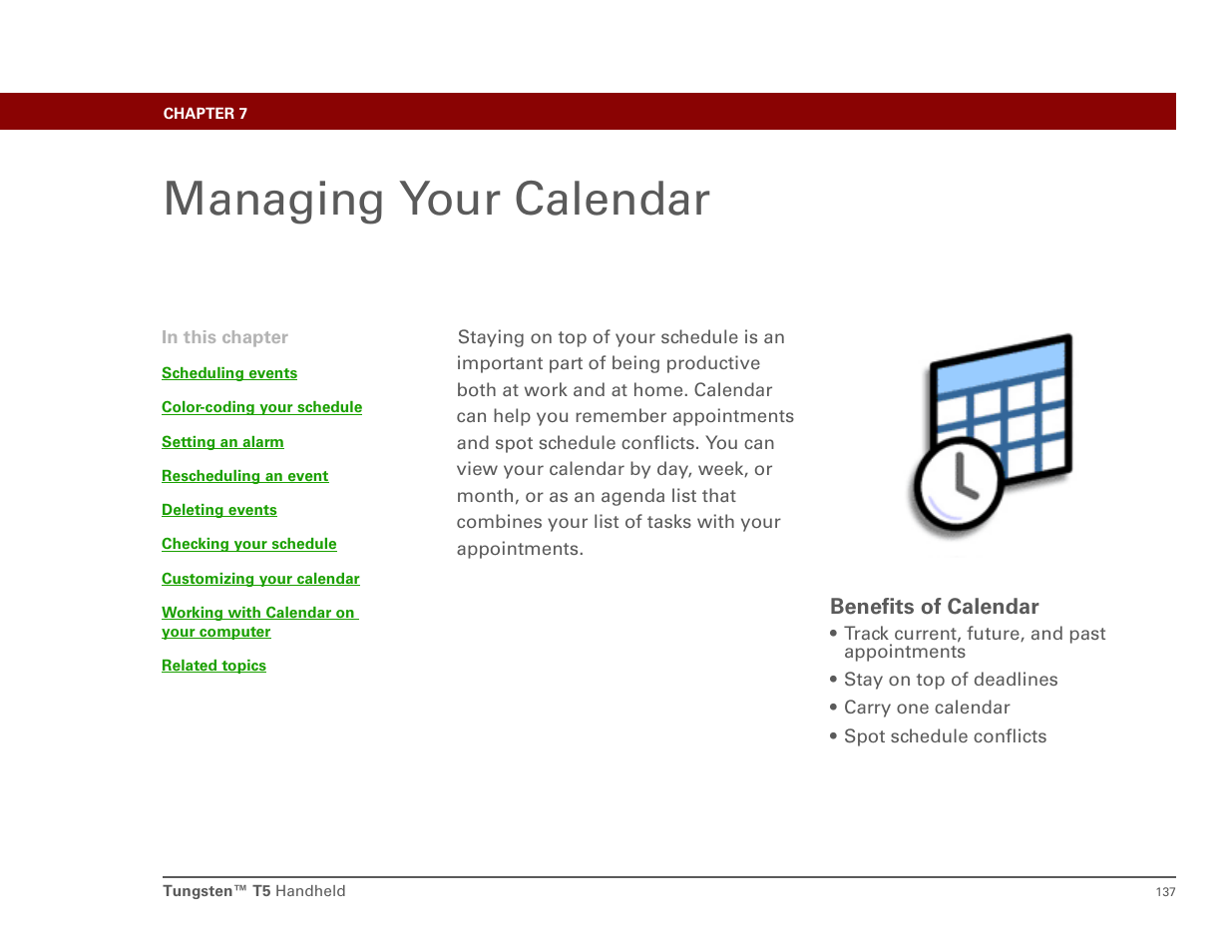 Managing your calendar, Chapter 7: managing your calendar | Palm T5 User Manual | Page 159 / 675