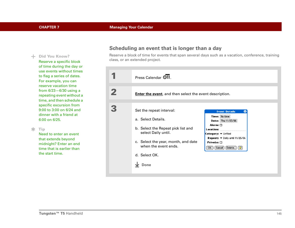 Scheduling an event that is longer than a day | Palm T5 User Manual | Page 167 / 675