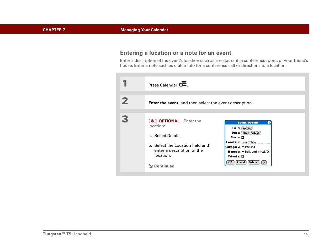 Entering a location or a note for an event | Palm T5 User Manual | Page 168 / 675