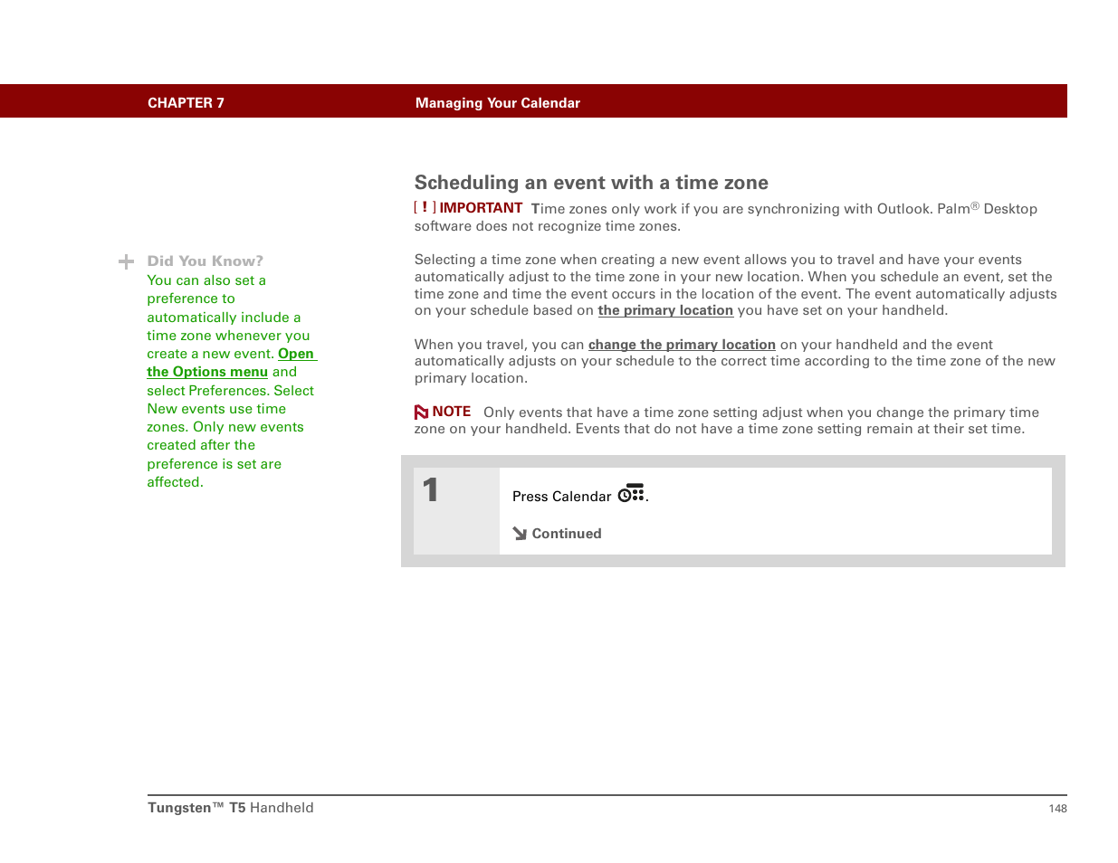 Scheduling an event with a time zone, N select a time zone w | Palm T5 User Manual | Page 170 / 675