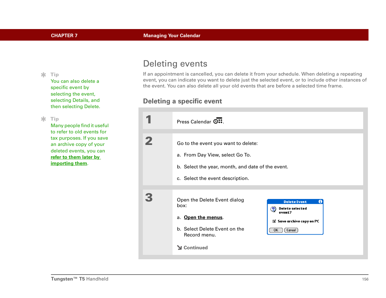 Deleting events, Deleting a specific event | Palm T5 User Manual | Page 178 / 675