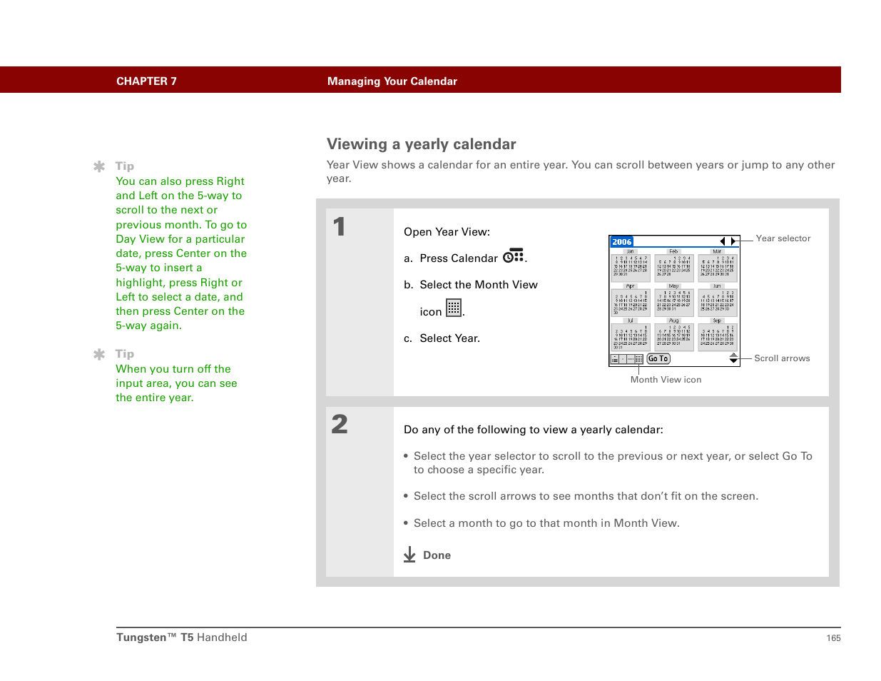 Viewing a yearly calendar | Palm T5 User Manual | Page 187 / 675