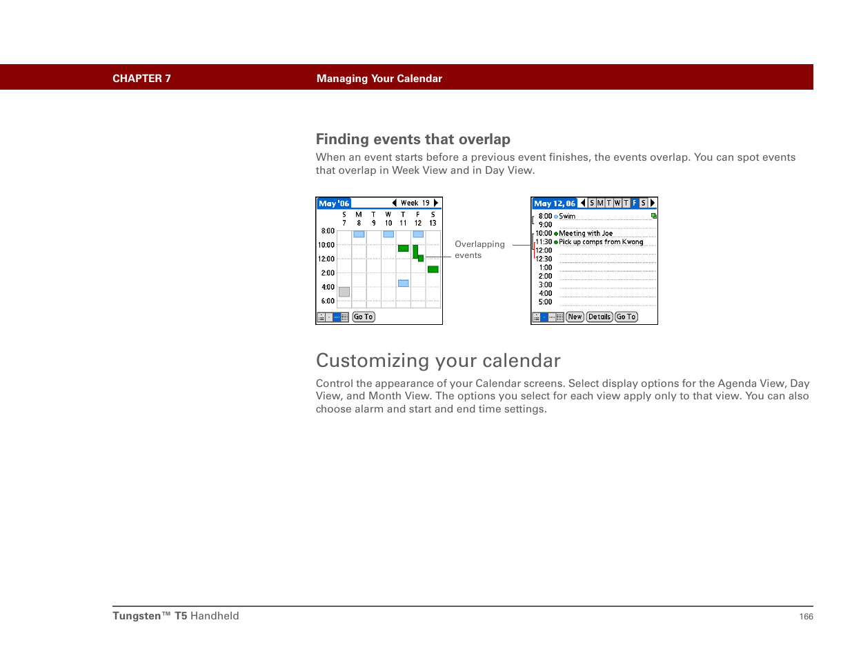 Finding events that overlap, Customizing your calendar | Palm T5 User Manual | Page 188 / 675