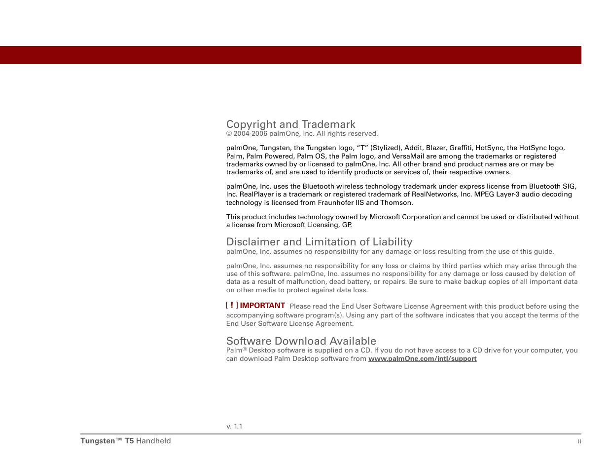 Copyright and trademark, Disclaimer and limitation of liability, Software download available | Palm T5 User Manual | Page 2 / 675