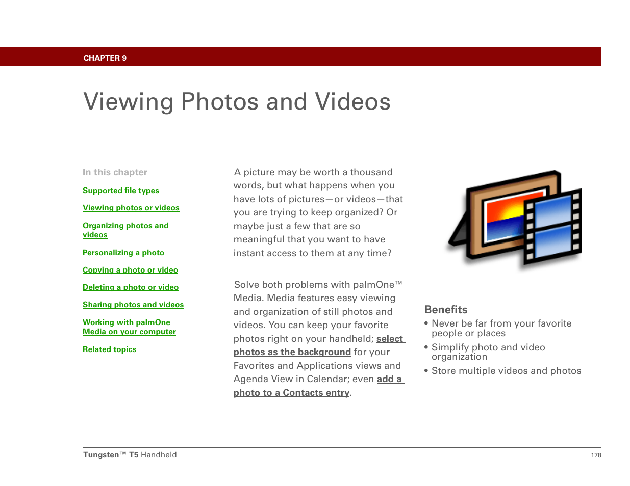 Viewing photos and videos, Chapter 9: viewing photos and videos, Video play | Palm T5 User Manual | Page 200 / 675